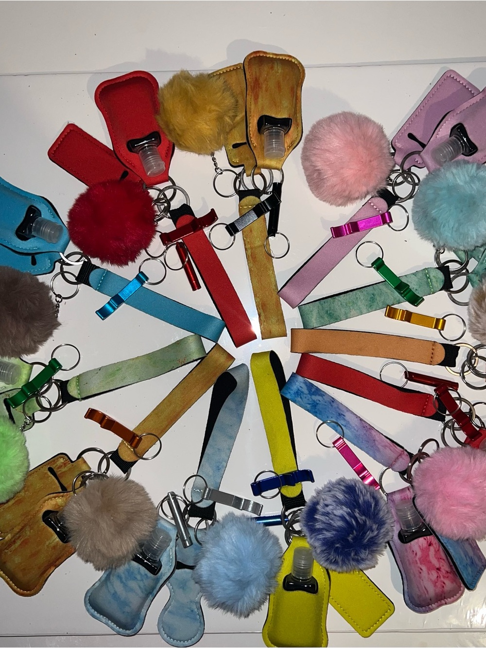 12 Assorted Plush Pom Keychain With Refillable Bottle Holder - Assorted Colors